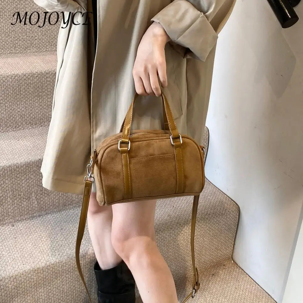 Women Suede Shoulder Bag Adjustable Strap Boston Bag with Interior Pocket Top Handle Bag Zipper for Work Travel