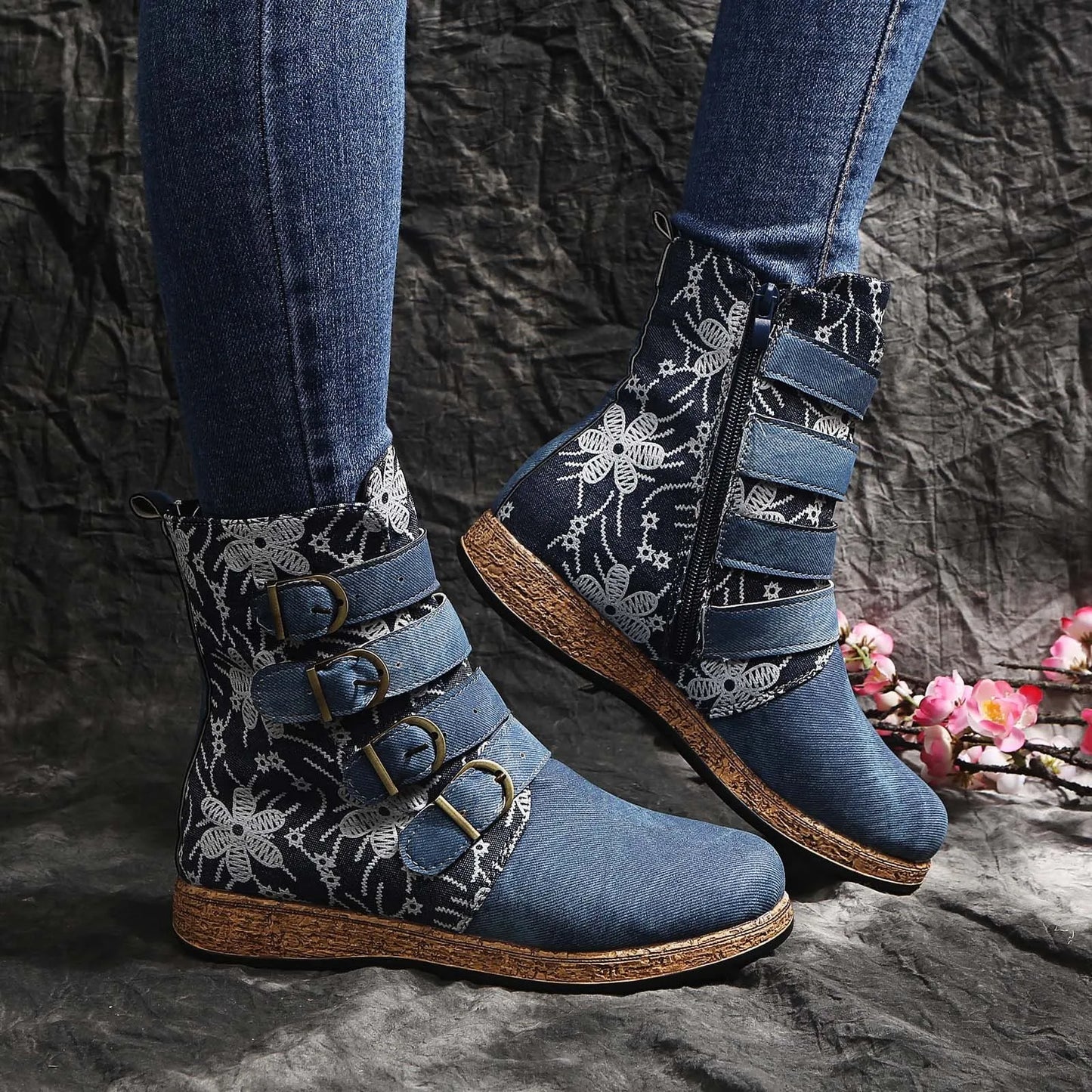 Flat Retro Round Head Zipper Boot with Flowers Warm Embroidery