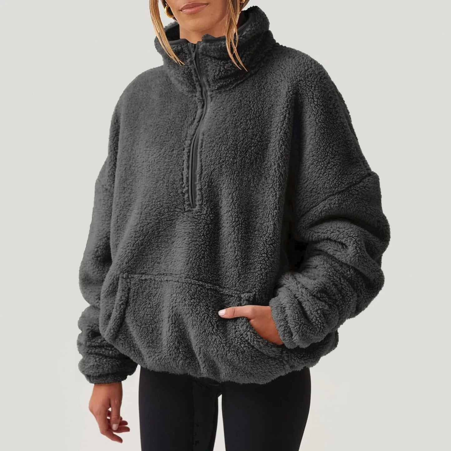 Fuzzy Quarter Zip Sweatshirt Women Trendy Casual Zipper Pullover Fleece Sweatshirts Long Sleeve Winter Outfits Cute Fashion