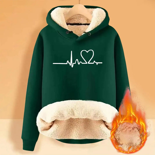 Padded Women's Plush | Love Heart Print Velvet Warm Hoody Sweatshirts