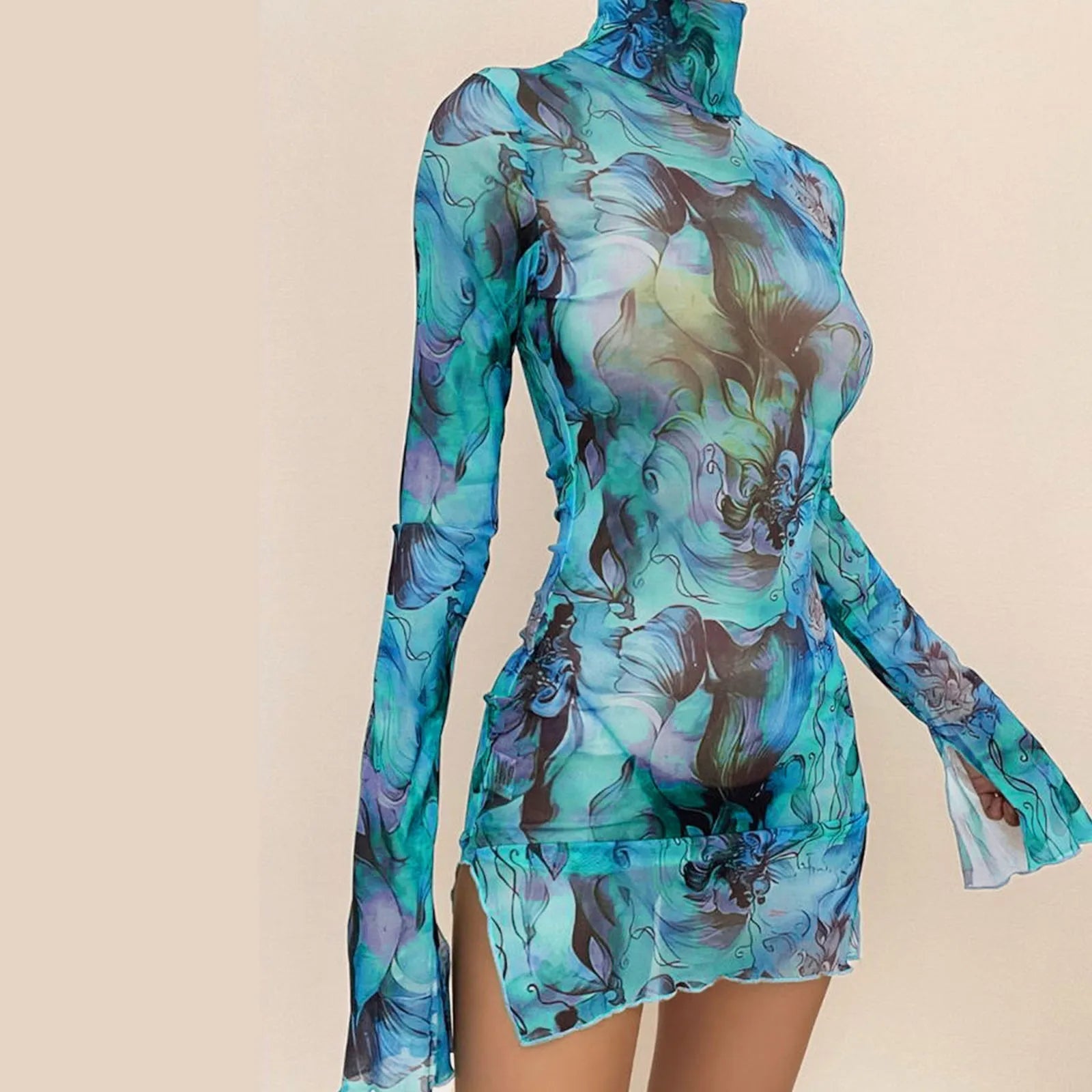 Ladies Mesh Printed Dress High Street Slim Elastic Round Neck Bell Sleeve Side Open Hip