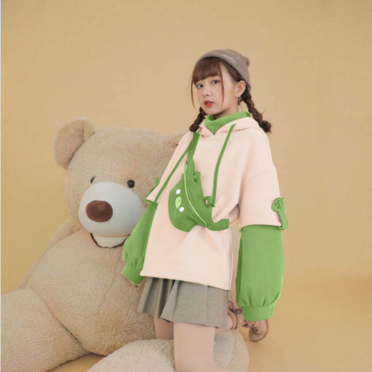 Kawaii Cute Oversize Hoodie With Bear Bag Womens Streetwear Aesthetic Hoodies