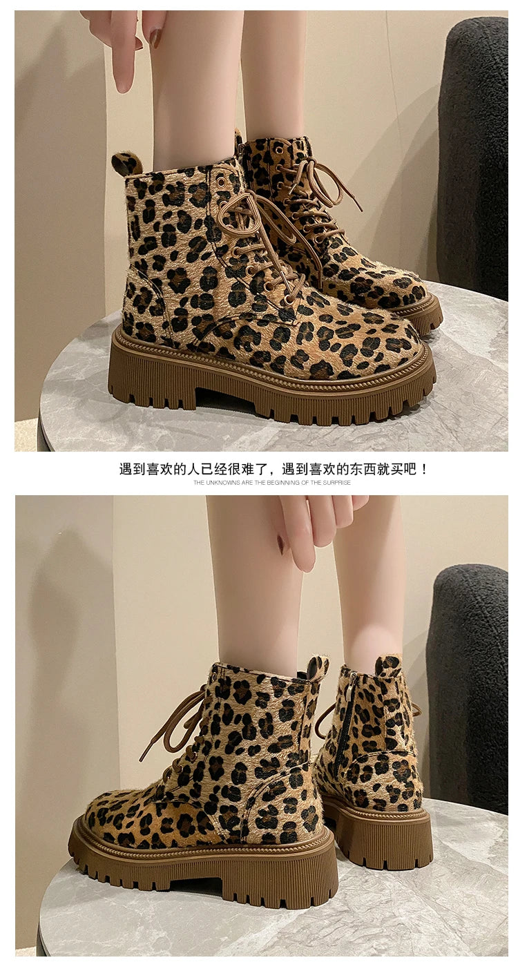 Leopard Print Fashion Lace Up Round Toe Short Barrel Chunky Heels Zipper Plus Size Boots