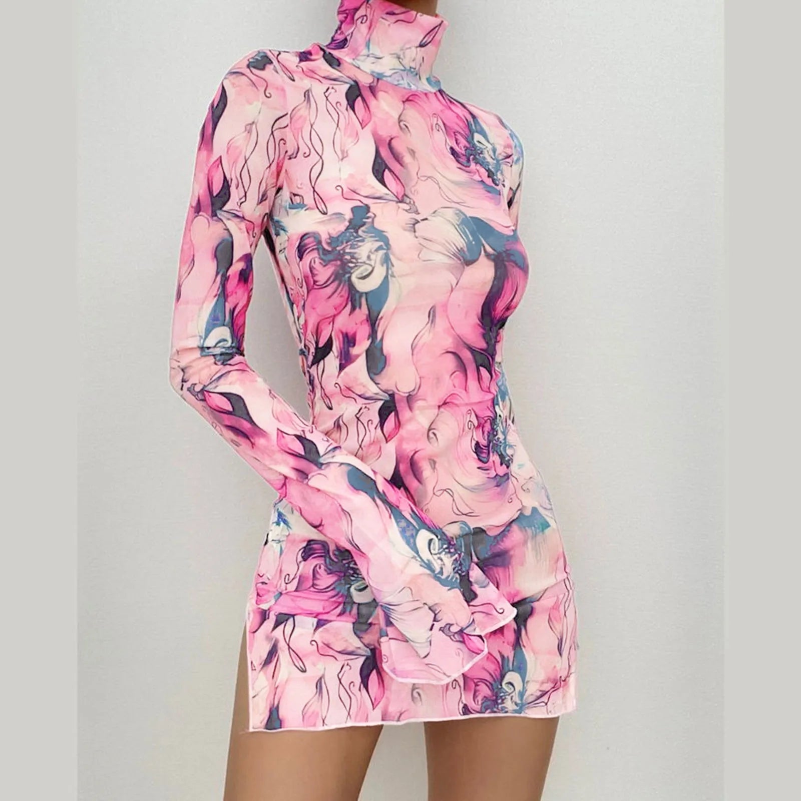 Ladies Mesh Printed Dress High Street Slim Elastic Round Neck Bell Sleeve Side Open Hip
