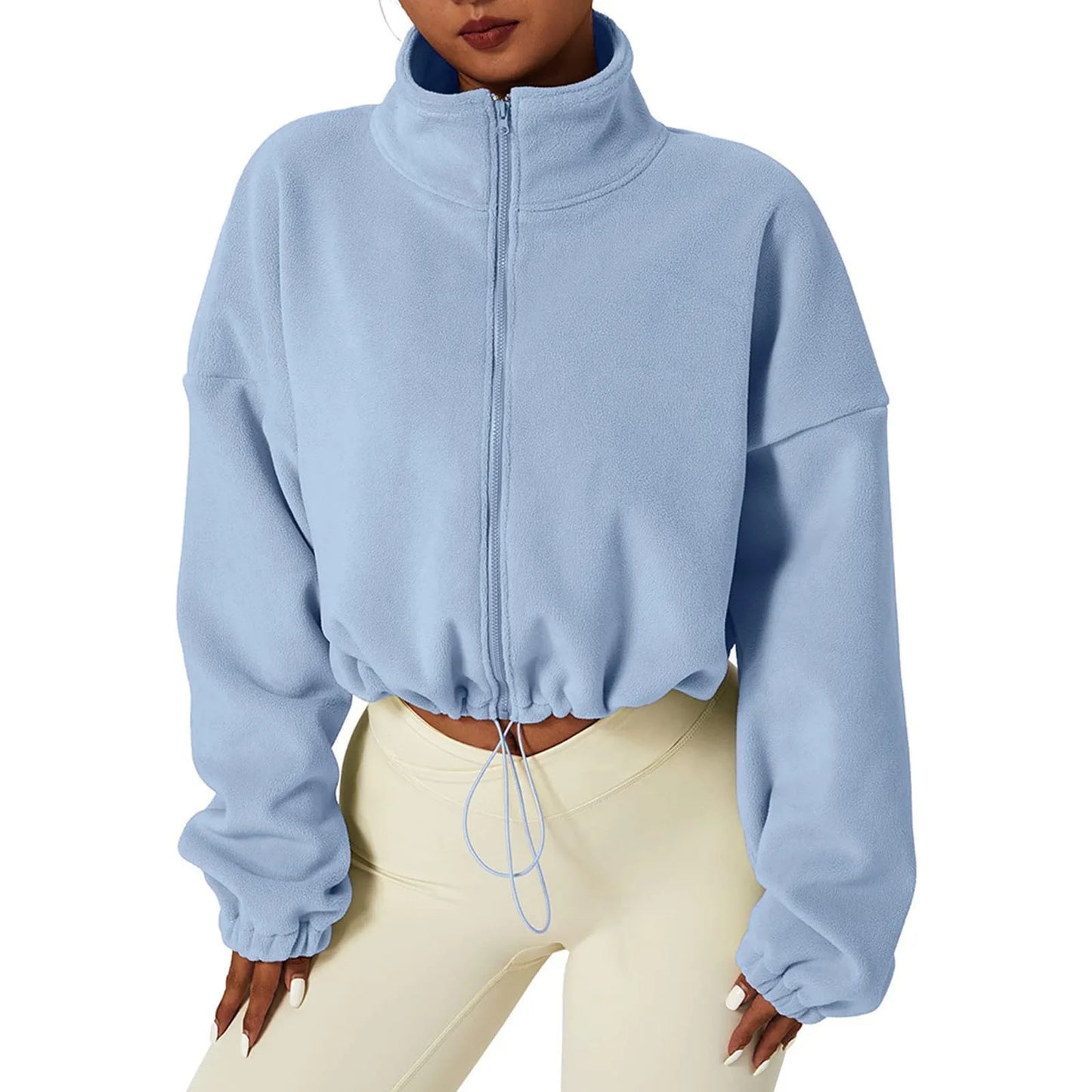 Women's Fleece Full Zip Oversized Crop Sweatshirt Long Sleeve