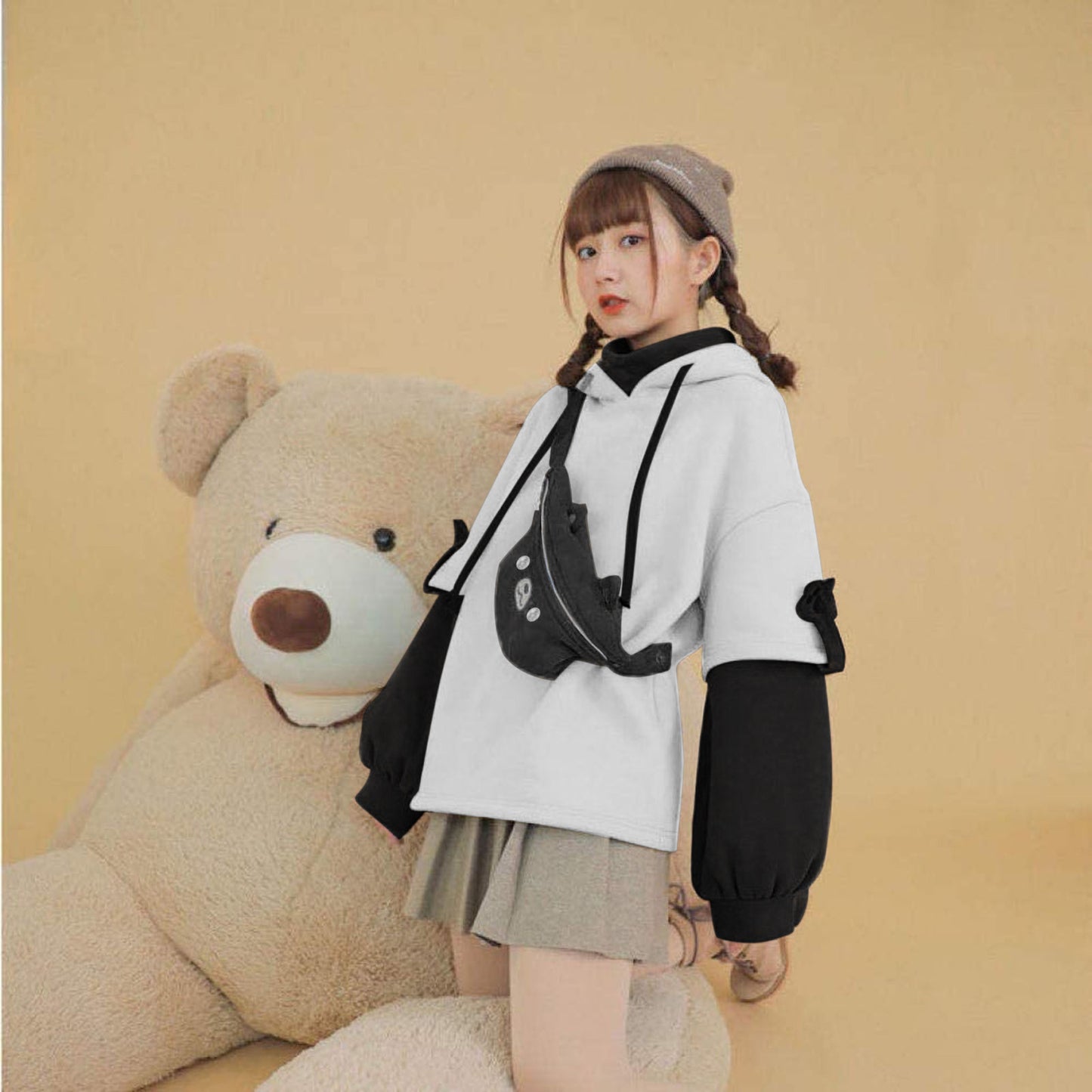 Kawaii Cute Oversize Hoodie With Bear Bag Womens Streetwear Aesthetic Hoodies