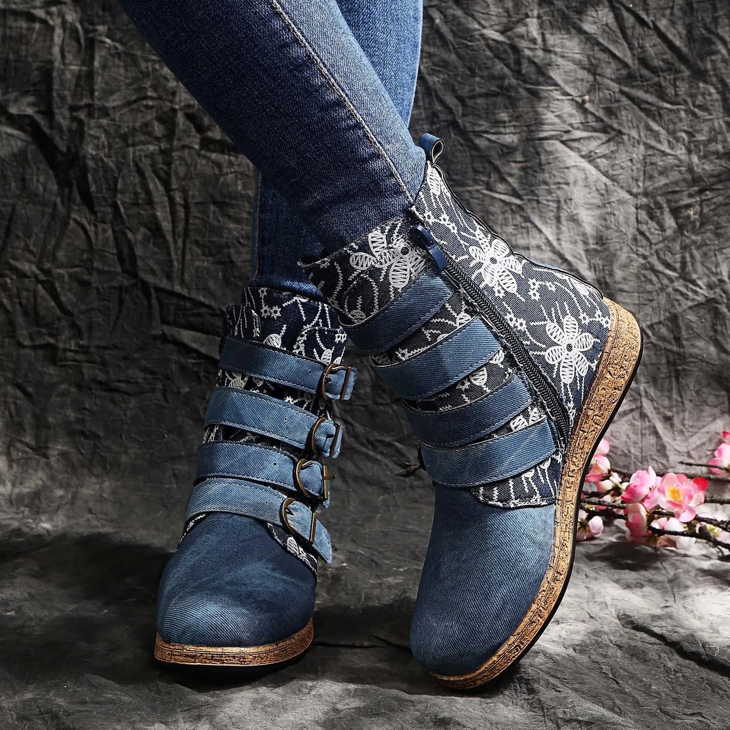 Flat Retro Round Head Zipper Boot with Flowers Warm Embroidery