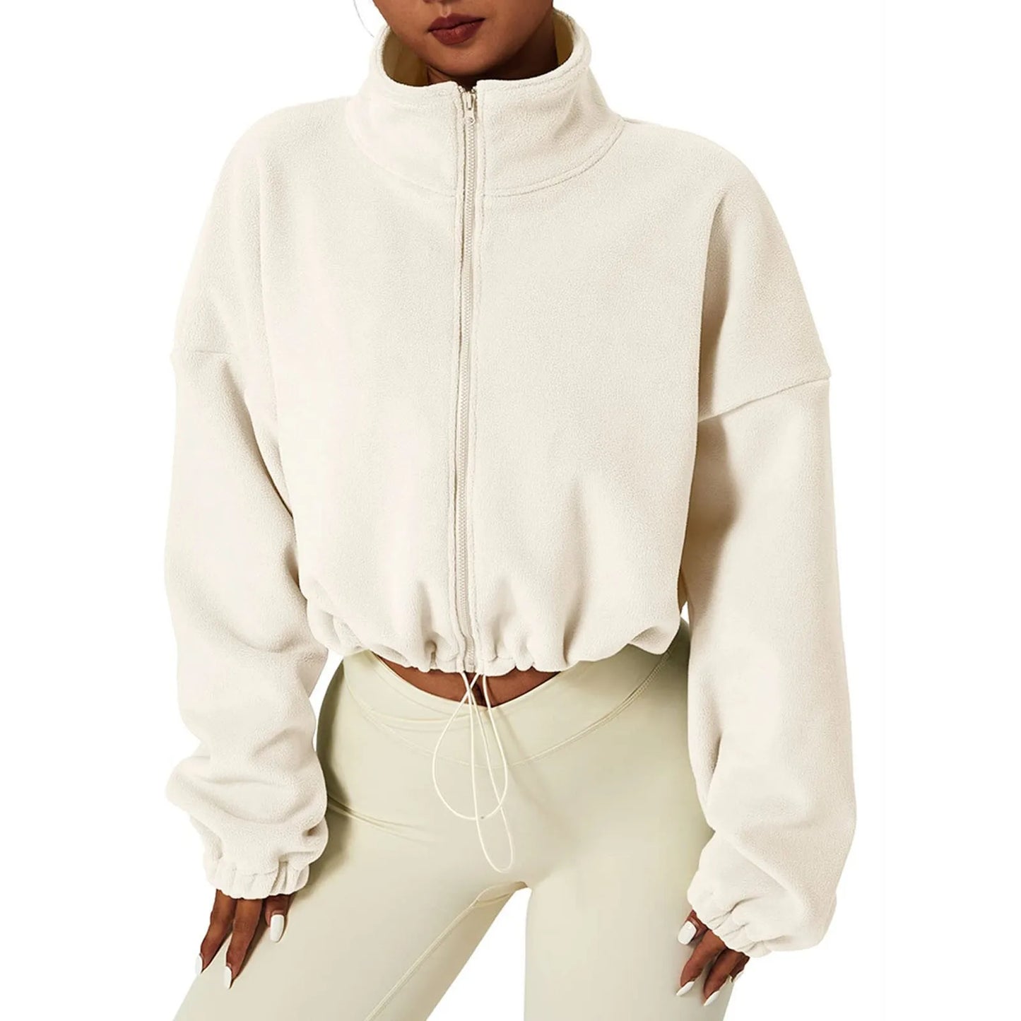 Women's Fleece Full Zip Oversized Crop Sweatshirt Long Sleeve