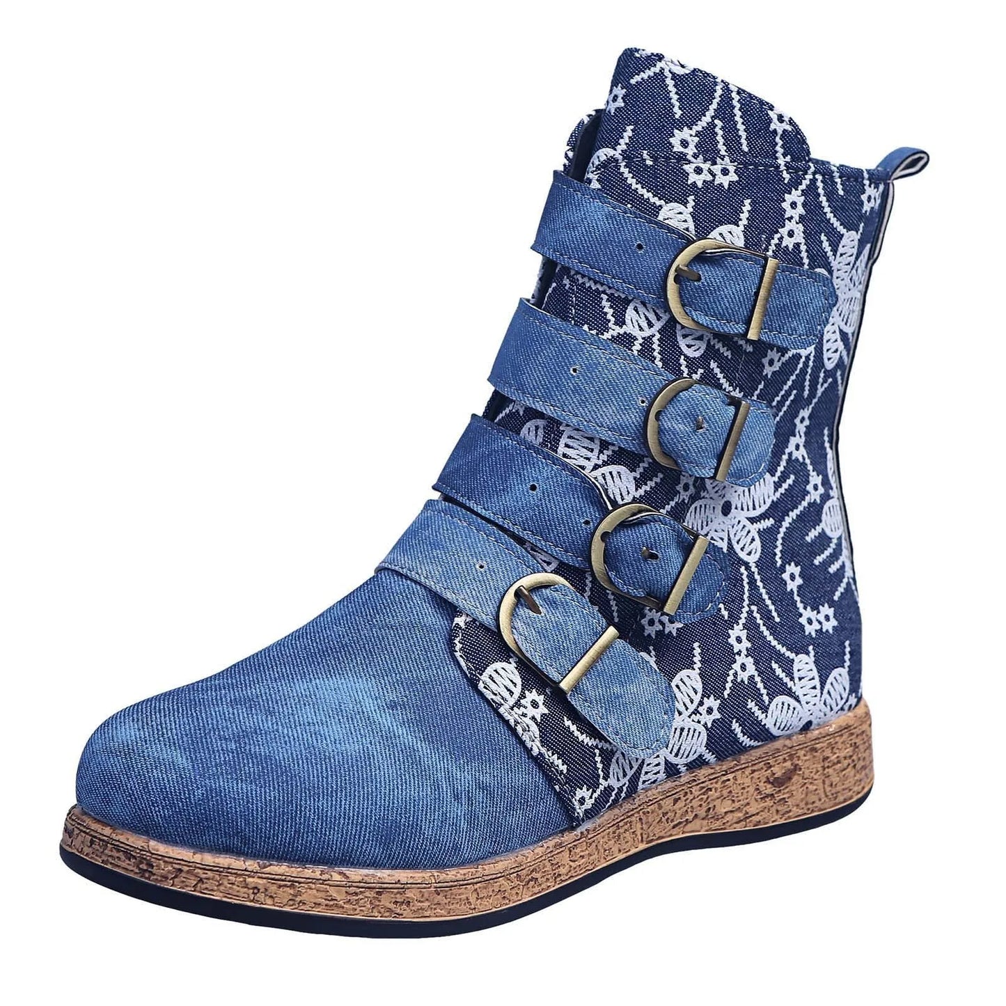 Flat Retro Round Head Zipper Boot with Flowers Warm Embroidery