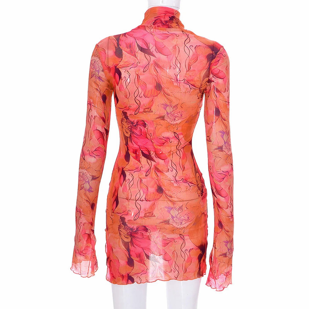 Ladies Mesh Printed Dress High Street Slim Elastic Round Neck Bell Sleeve Side Open Hip
