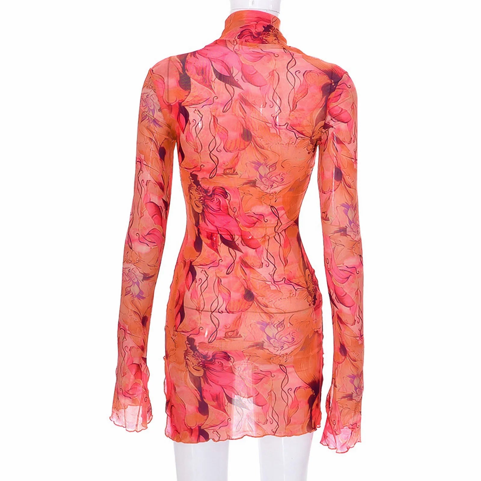 Ladies Mesh Printed Dress High Street Slim Elastic Round Neck Bell Sleeve Side Open Hip