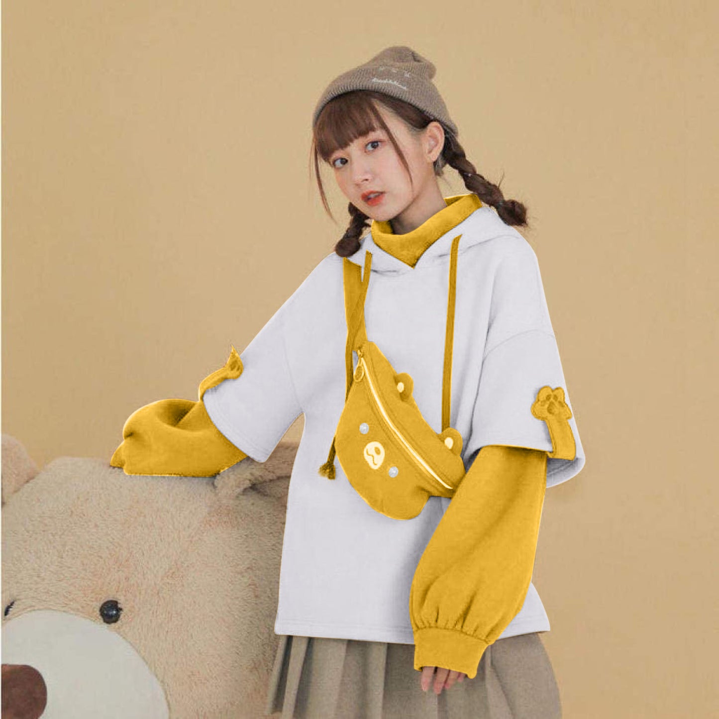 Kawaii Cute Oversize Hoodie With Bear Bag Womens Streetwear Aesthetic Hoodies