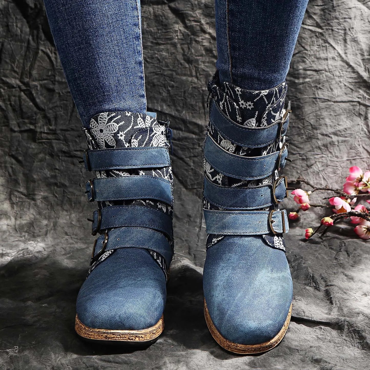 Flat Retro Round Head Zipper Boot with Flowers Warm Embroidery