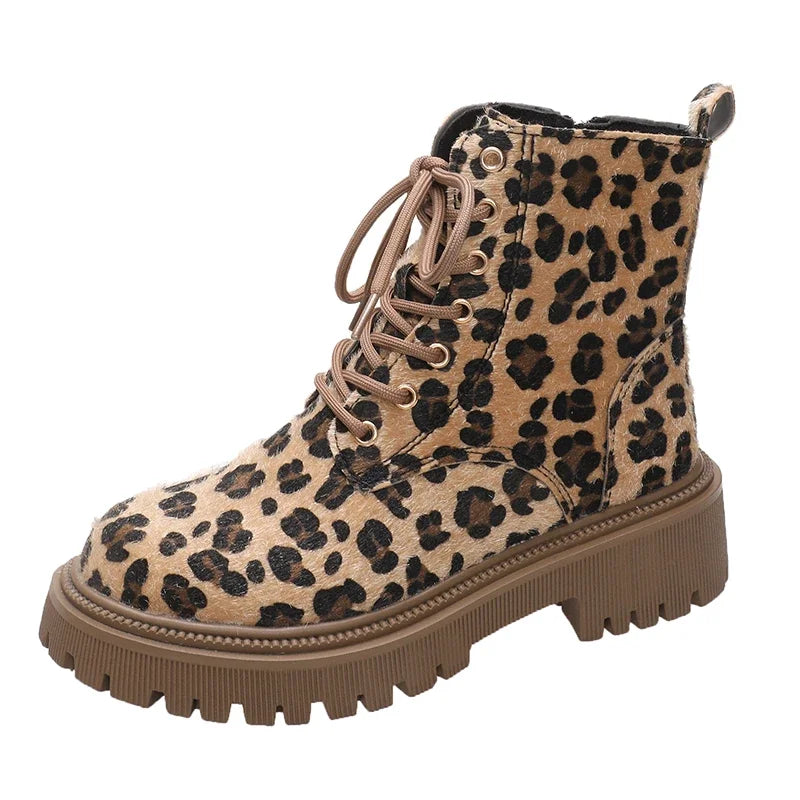 Leopard Print Fashion Lace Up Round Toe Short Barrel Chunky Heels Zipper Plus Size Boots