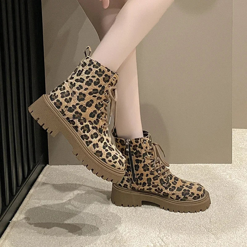 Leopard Print Fashion Lace Up Round Toe Short Barrel Chunky Heels Zipper Plus Size Boots