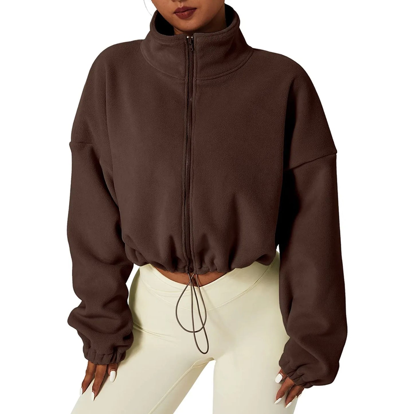 Women's Fleece Full Zip Oversized Crop Sweatshirt Long Sleeve