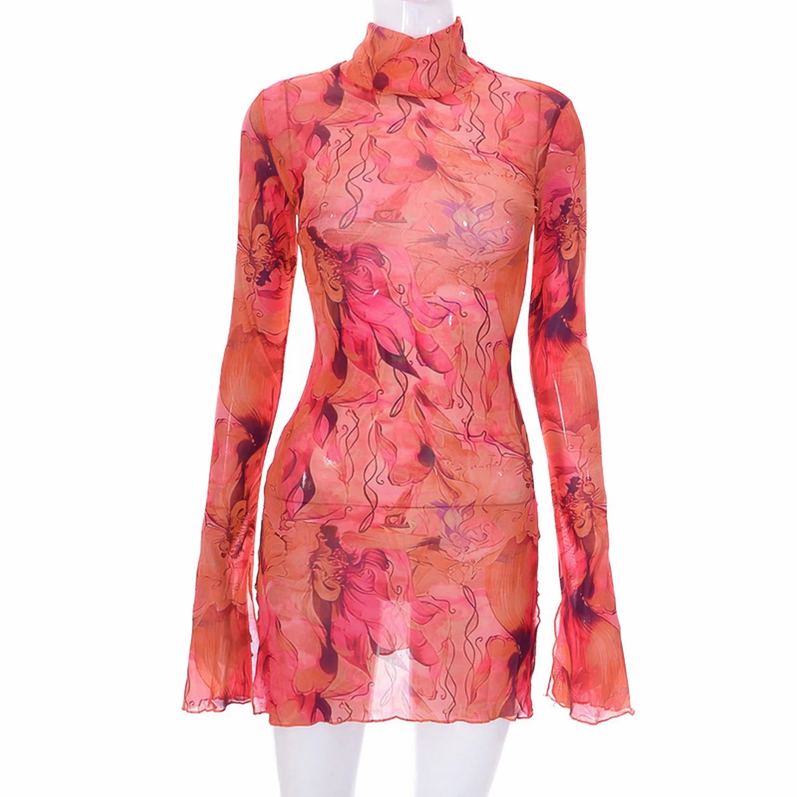 Ladies Mesh Printed Dress High Street Slim Elastic Round Neck Bell Sleeve Side Open Hip