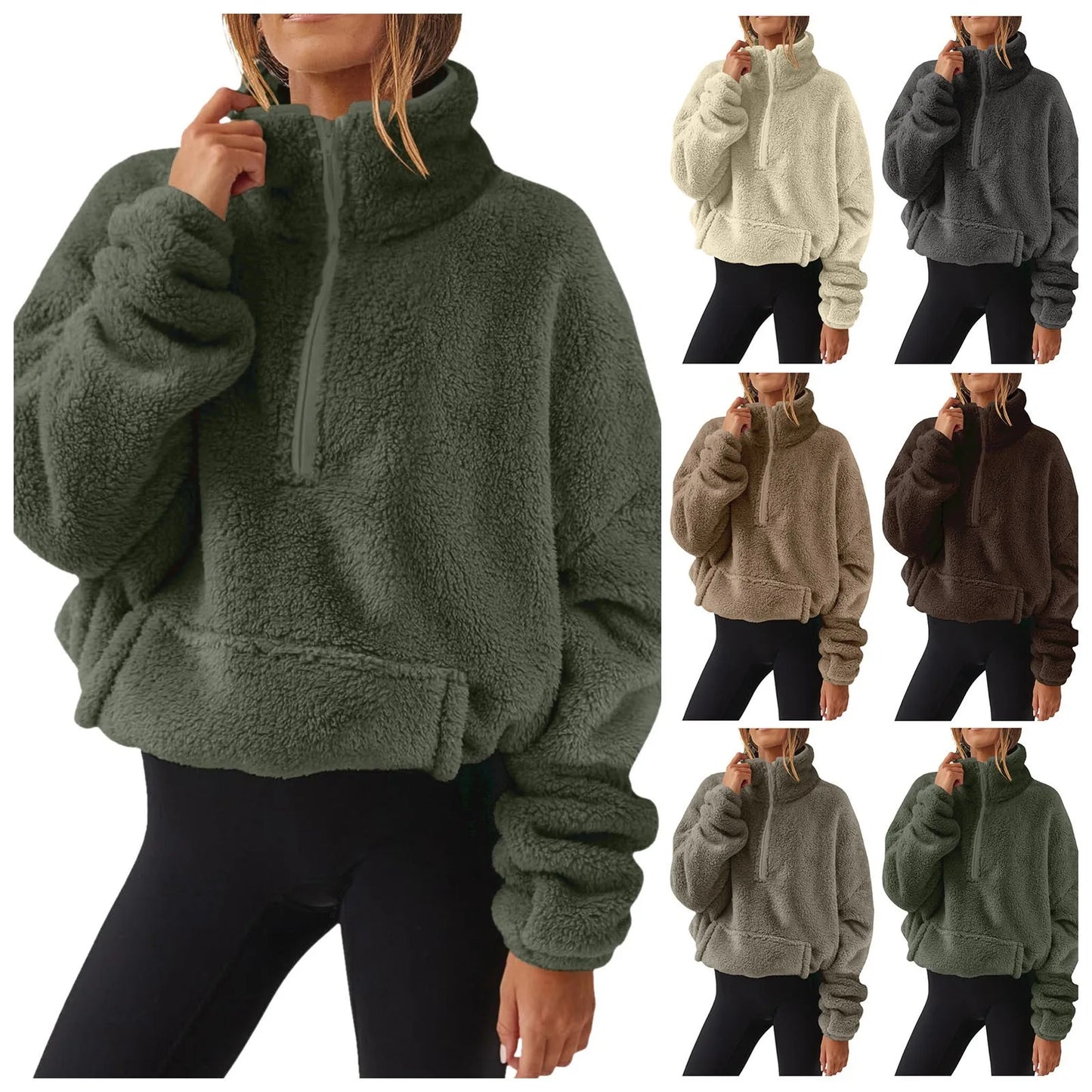 Fuzzy Quarter Zip Sweatshirt Women Trendy Casual Zipper Pullover Fleece Sweatshirts Long Sleeve Winter Outfits Cute Fashion