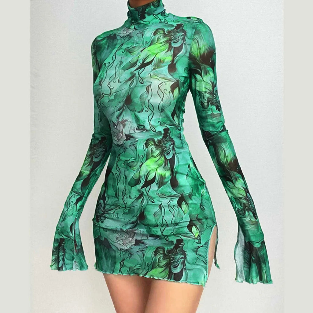 Ladies Mesh Printed Dress High Street Slim Elastic Round Neck Bell Sleeve Side Open Hip