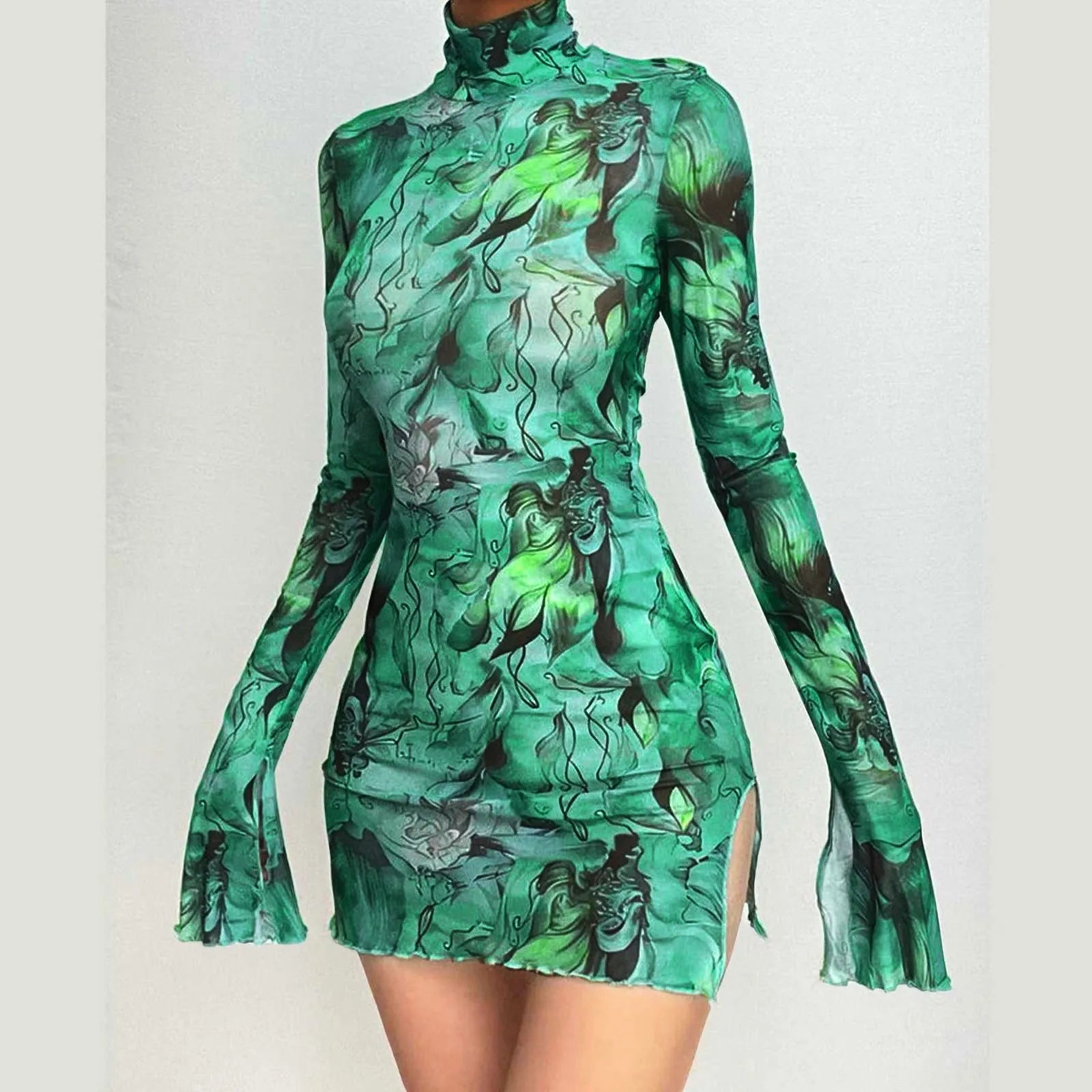 Ladies Mesh Printed Dress High Street Slim Elastic Round Neck Bell Sleeve Side Open Hip