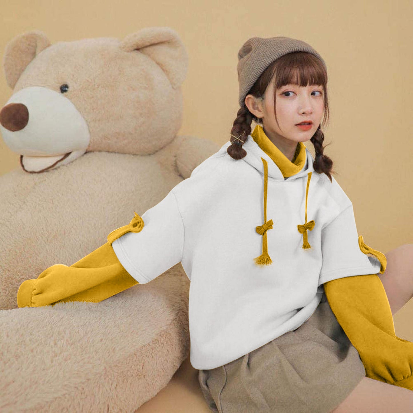 Kawaii Cute Oversize Hoodie With Bear Bag Womens Streetwear Aesthetic Hoodies