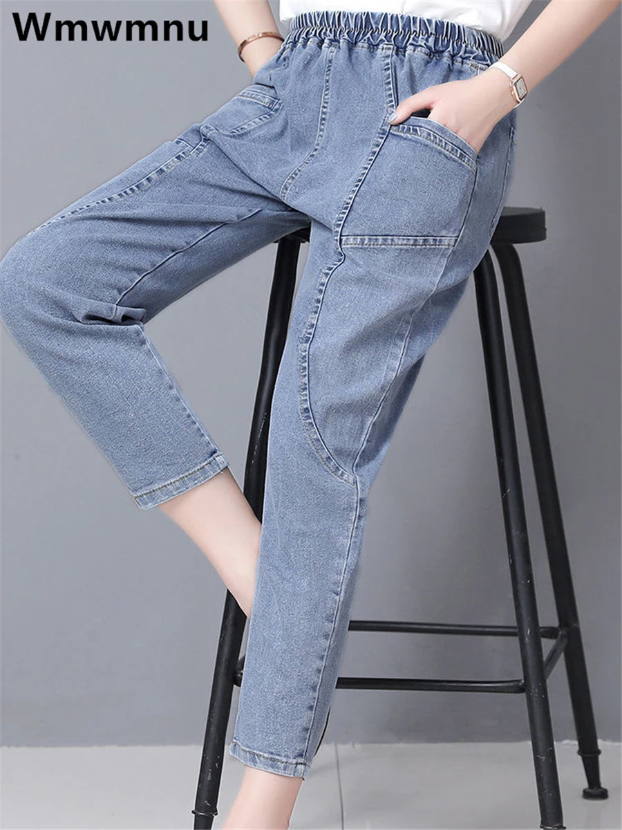 Casual Denim Ankle-length Baggy Pants Vaqueros Elastic High Waist