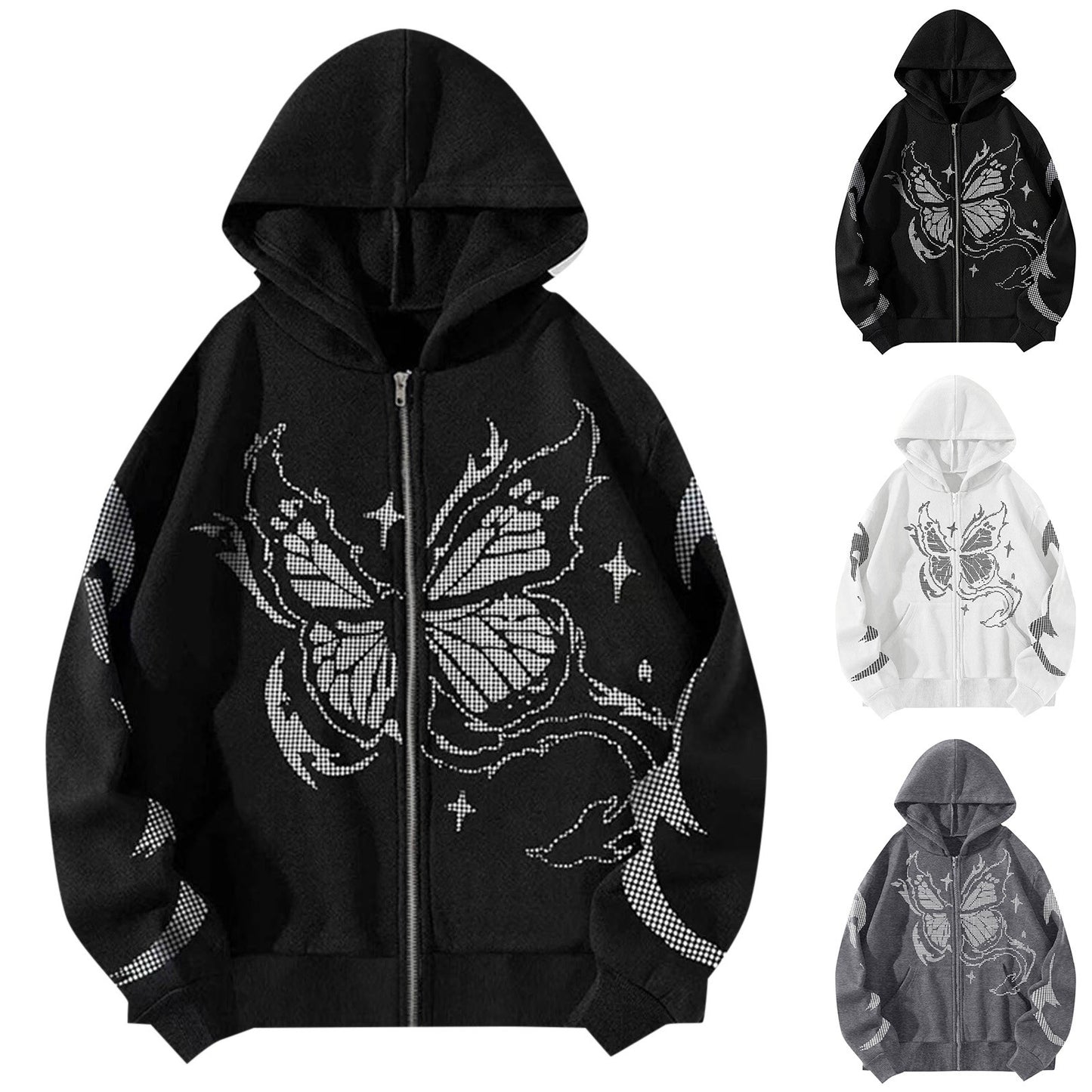 Gothic Black Zip Up Oversize Butterfly Print Loose Lovers Wear Hoodie