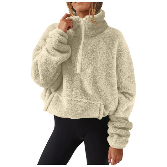 Fuzzy Quarter Zip Sweatshirt Women Trendy Casual Zipper Pullover Fleece Sweatshirts Long Sleeve Winter Outfits Cute Fashion