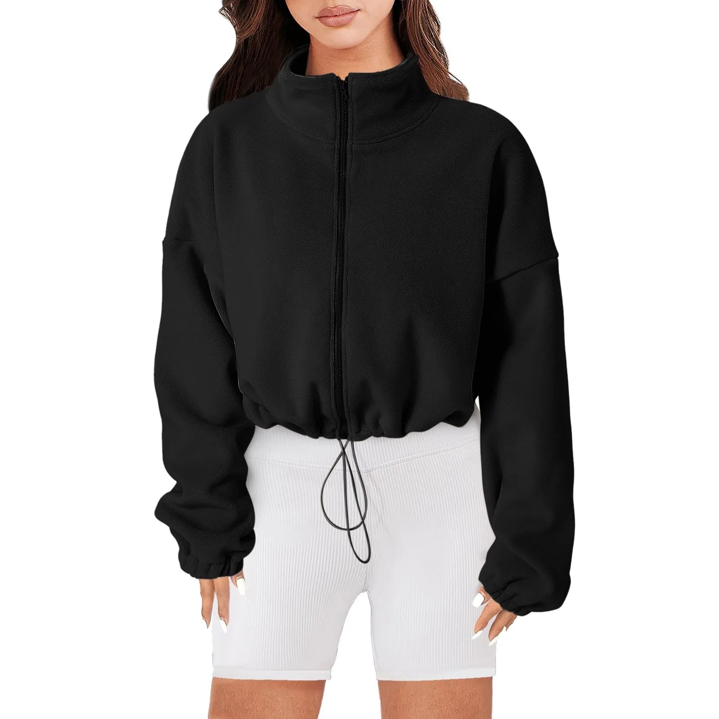 Women's Fleece Full Zip Oversized Crop Sweatshirt Long Sleeve