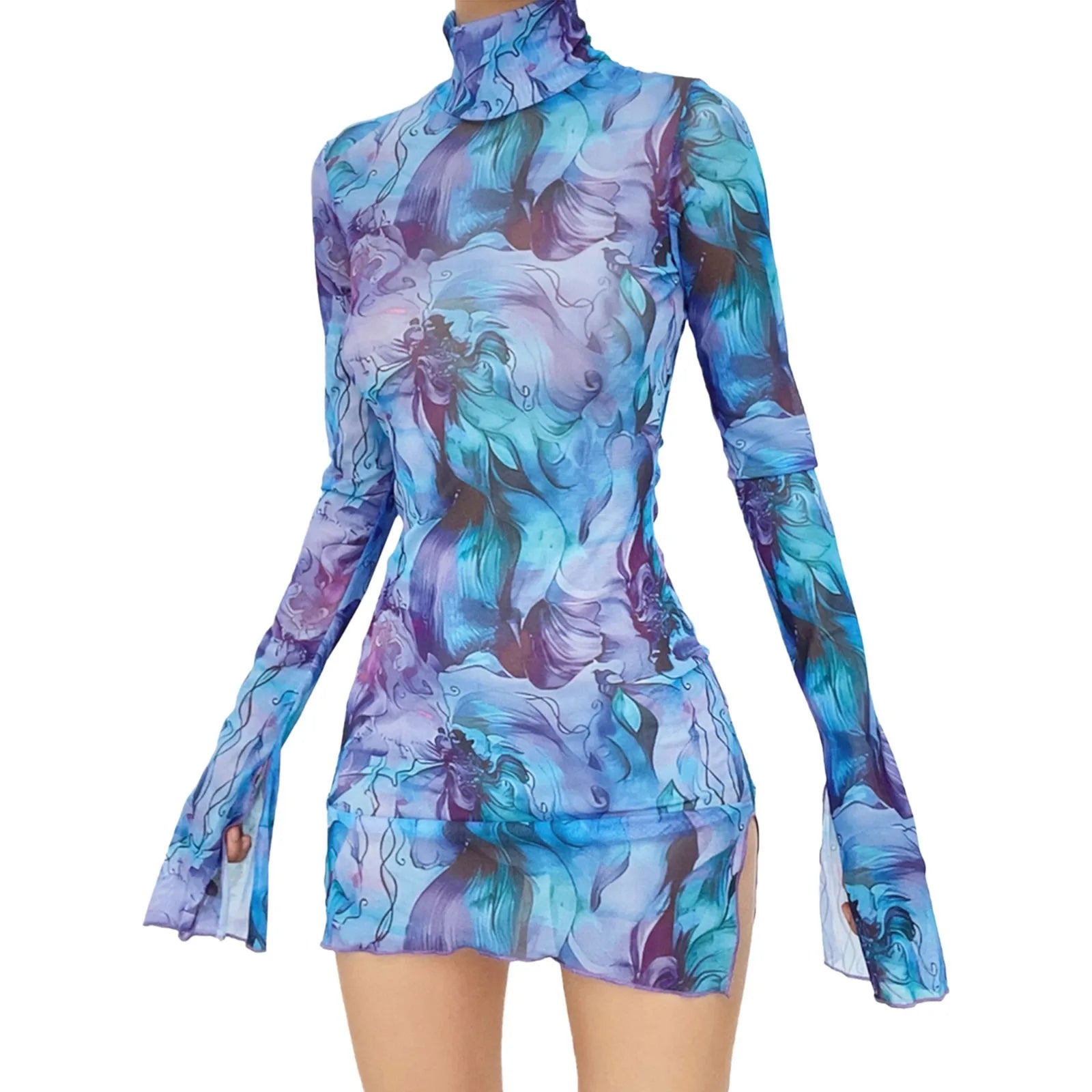 Ladies Mesh Printed Dress High Street Slim Elastic Round Neck Bell Sleeve Side Open Hip