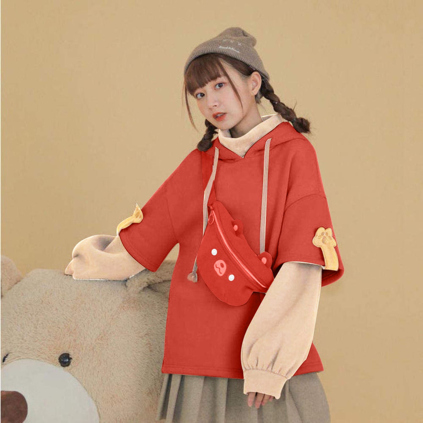 Kawaii Cute Oversize Hoodie With Bear Bag Womens Streetwear Aesthetic Hoodies