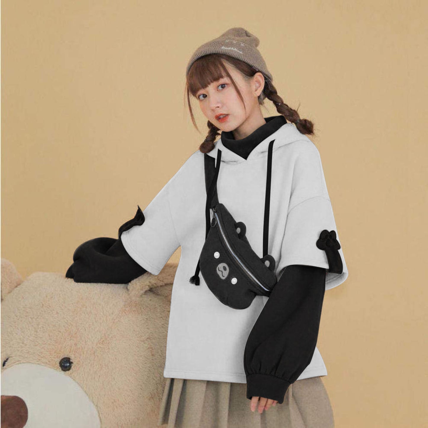 Kawaii Cute Oversize Hoodie With Bear Bag Womens Streetwear Aesthetic Hoodies