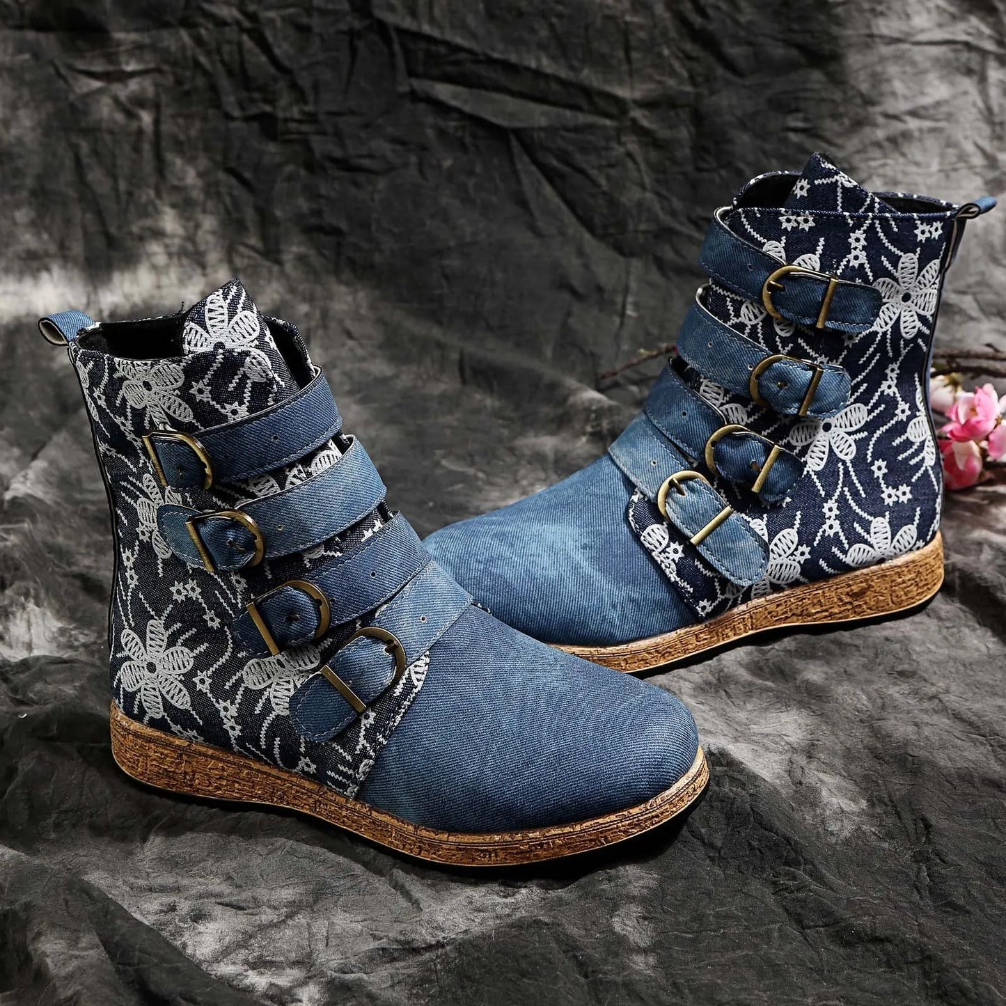 Flat Retro Round Head Zipper Boot with Flowers Warm Embroidery