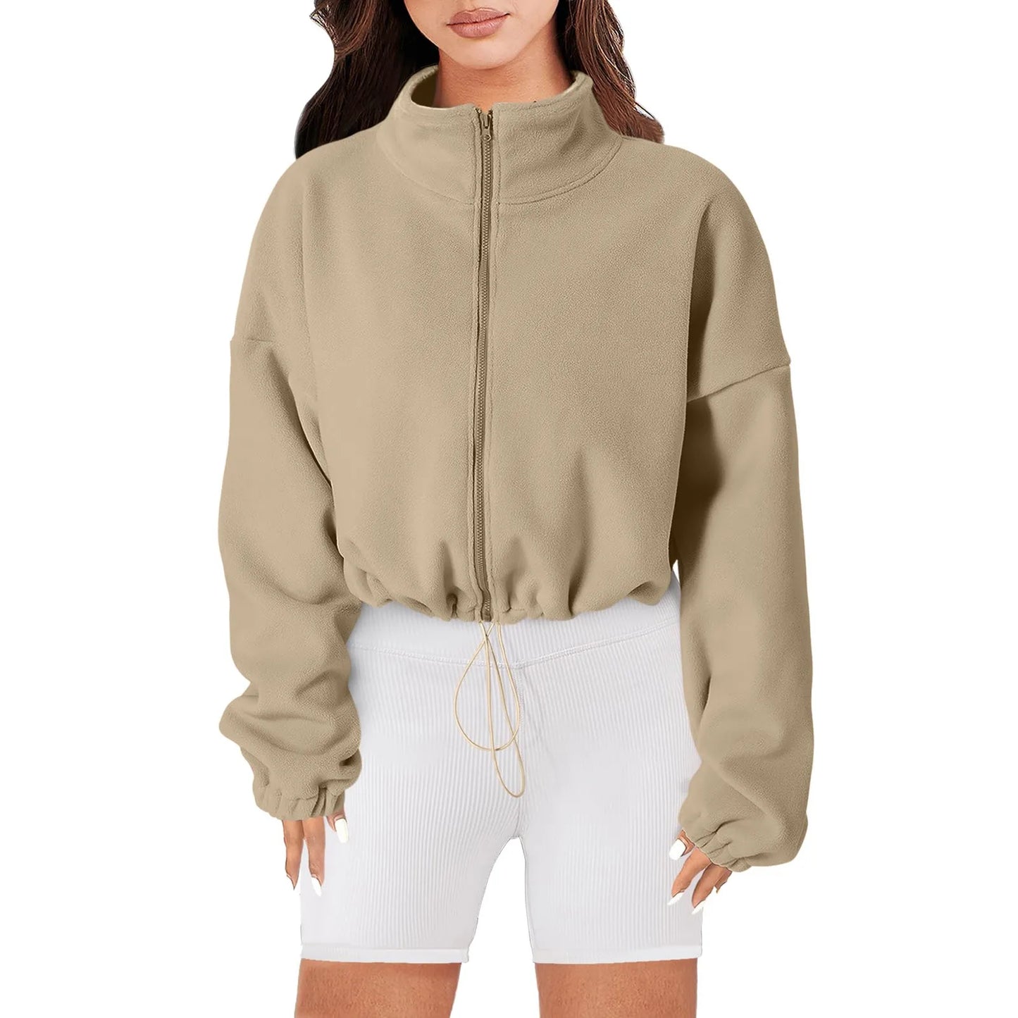 Women's Fleece Full Zip Oversized Crop Sweatshirt Long Sleeve