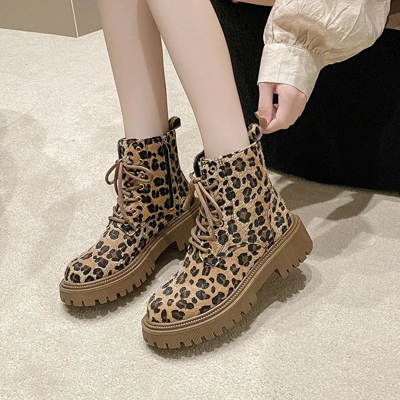 Leopard Print Fashion Lace Up Round Toe Short Barrel Chunky Heels Zipper Plus Size Boots