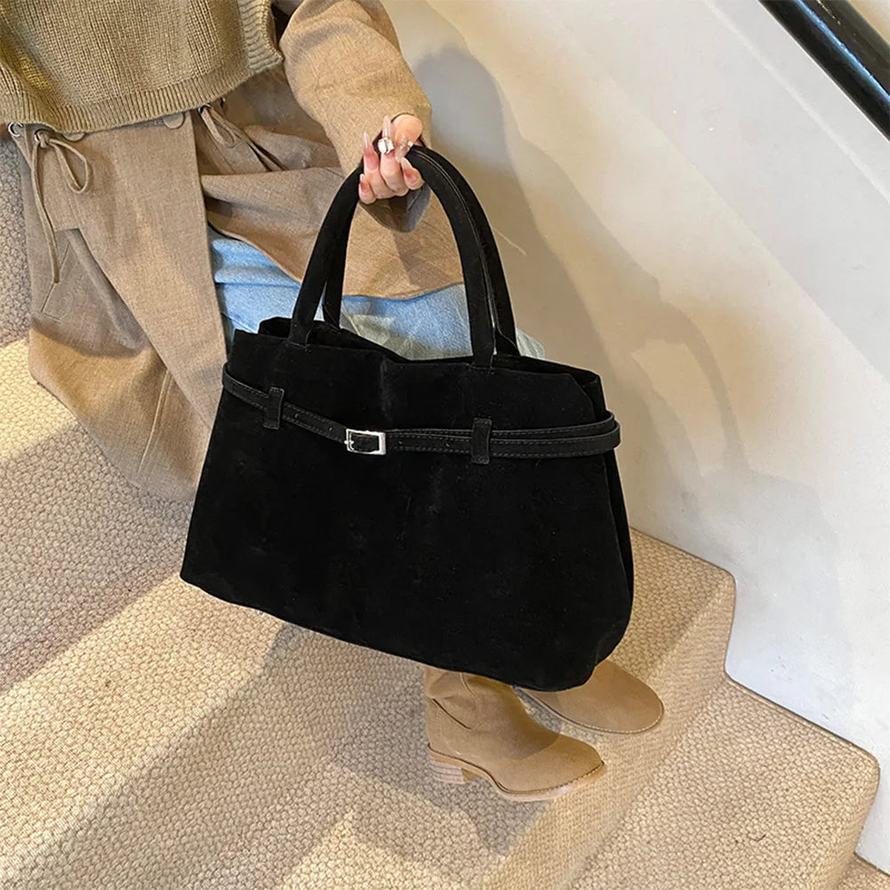 Buckle Decorative Design Faux Suede Handbag Women Shoulder Casual Tote Crossbody Bag Large Capacity Fashion Classic Versatile