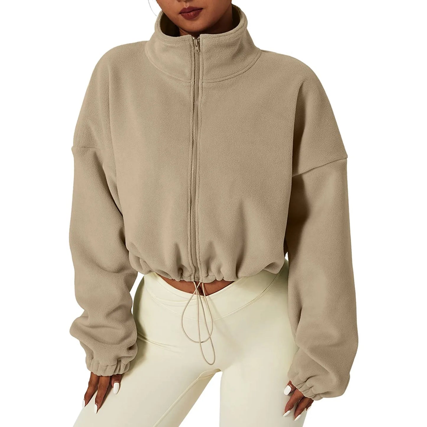 Women's Fleece Full Zip Oversized Crop Sweatshirt Long Sleeve