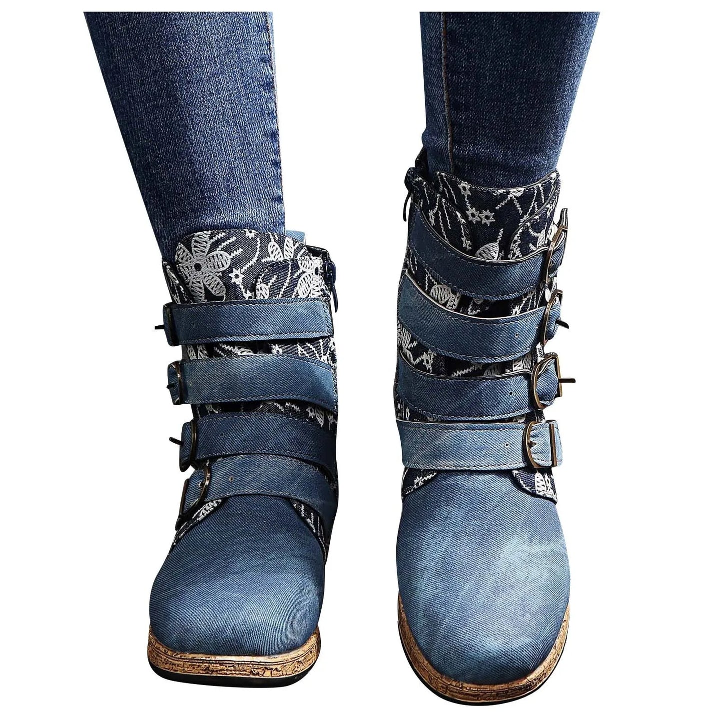 Flat Retro Round Head Zipper Boot with Flowers Warm Embroidery