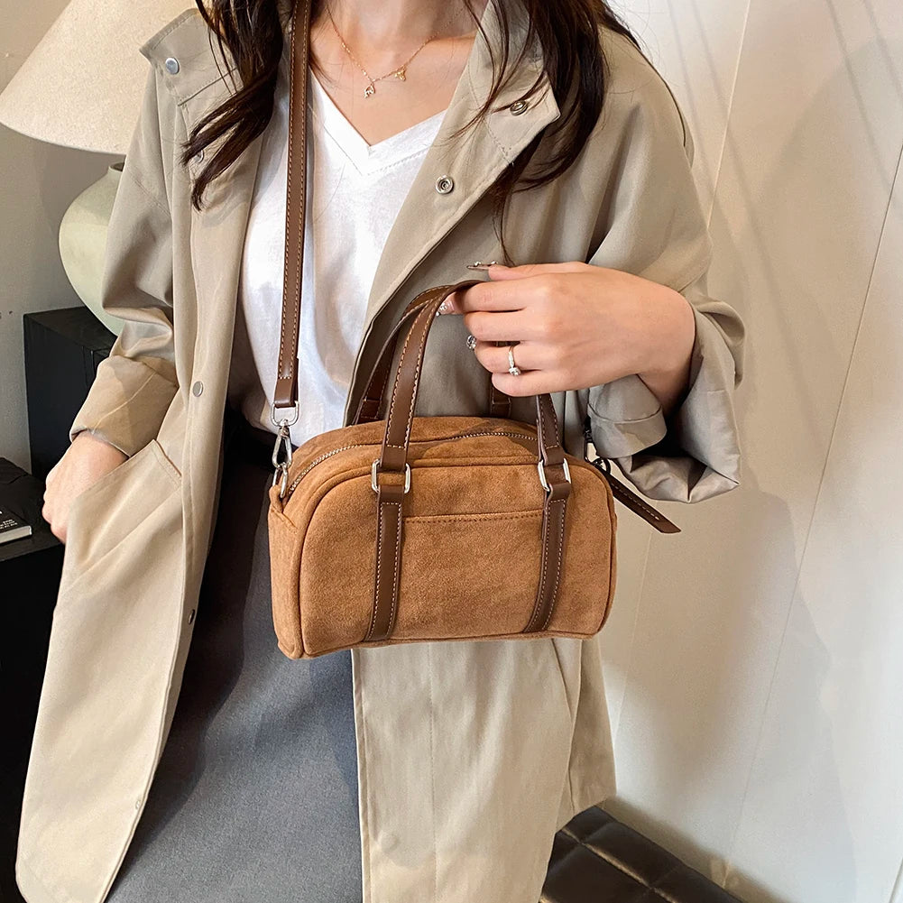 Women Suede Shoulder Bag Adjustable Strap Boston Bag with Interior Pocket Top Handle Bag Zipper for Work Travel