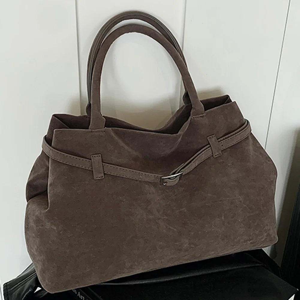 Buckle Decorative Design Faux Suede Handbag Women Shoulder Casual Tote Crossbody Bag Large Capacity Fashion Classic Versatile