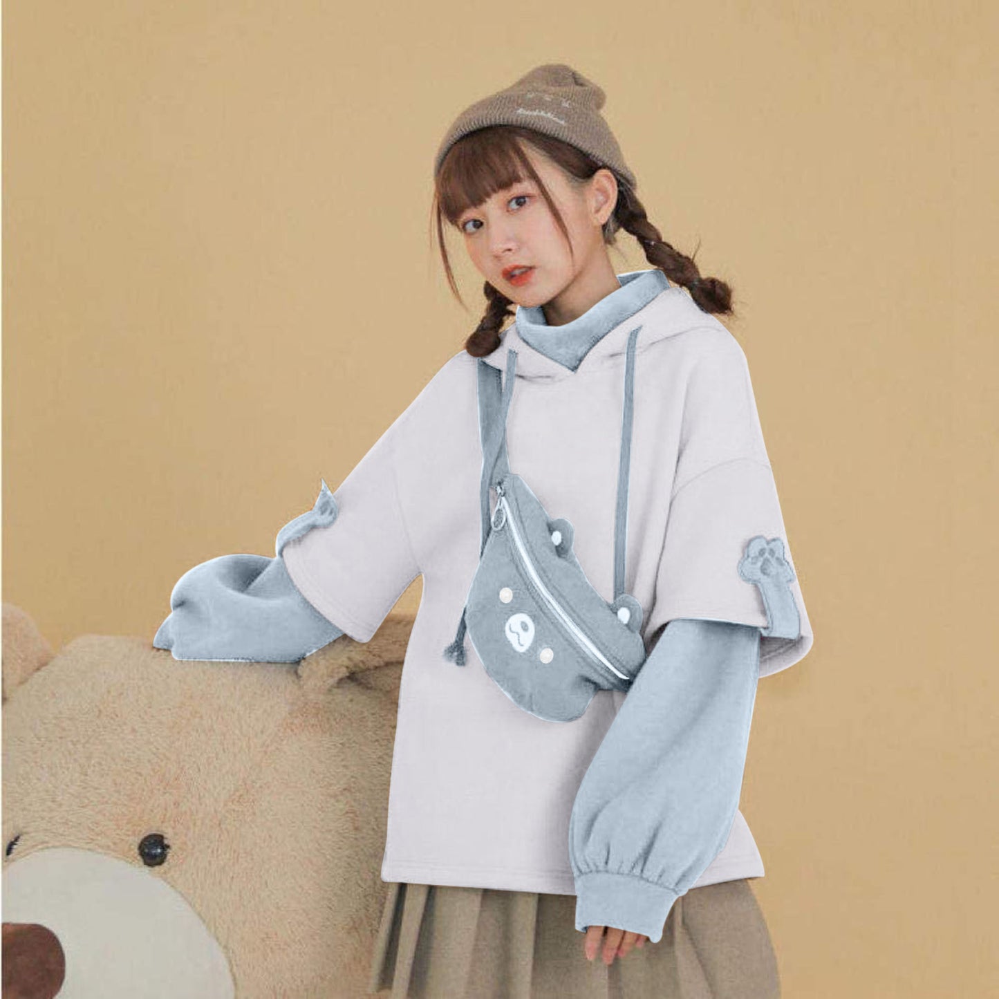 Kawaii Cute Oversize Hoodie With Bear Bag Womens Streetwear Aesthetic Hoodies