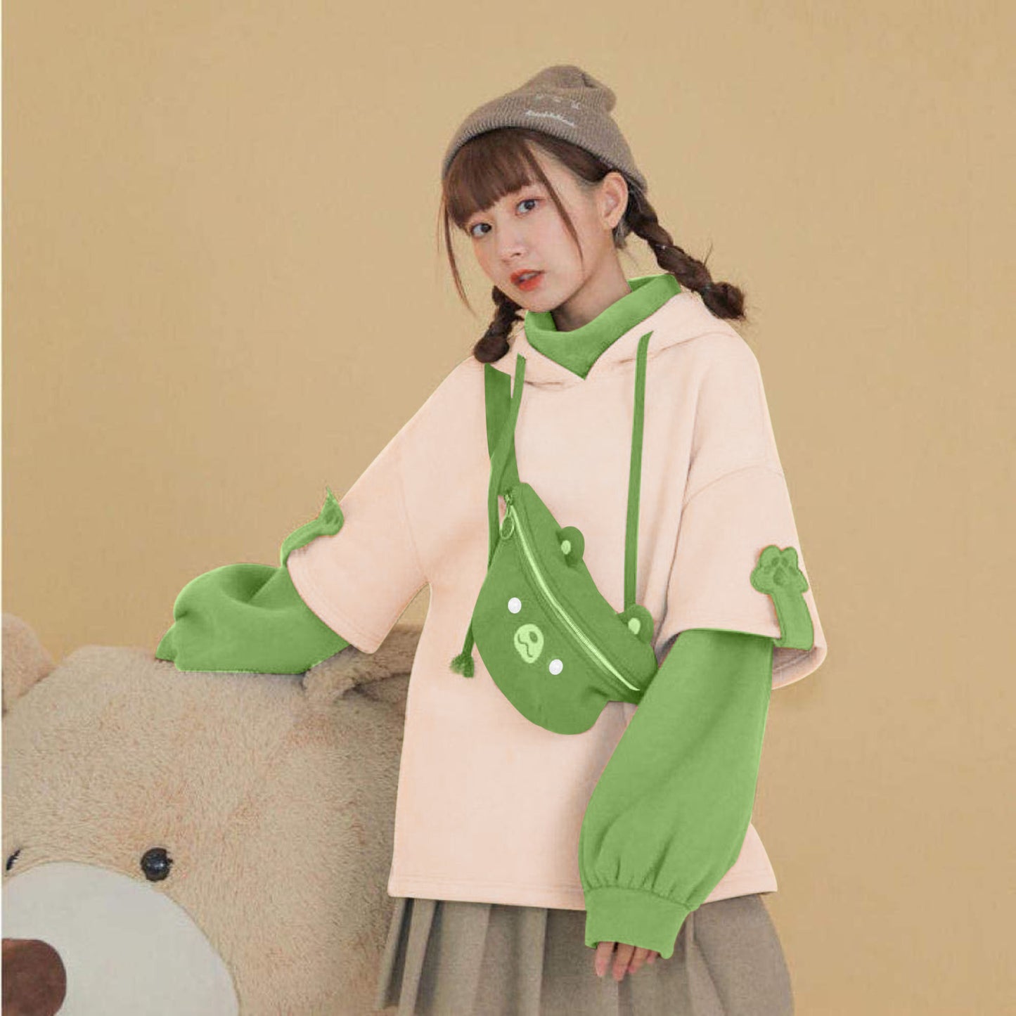 Kawaii Cute Oversize Hoodie With Bear Bag Womens Streetwear Aesthetic Hoodies