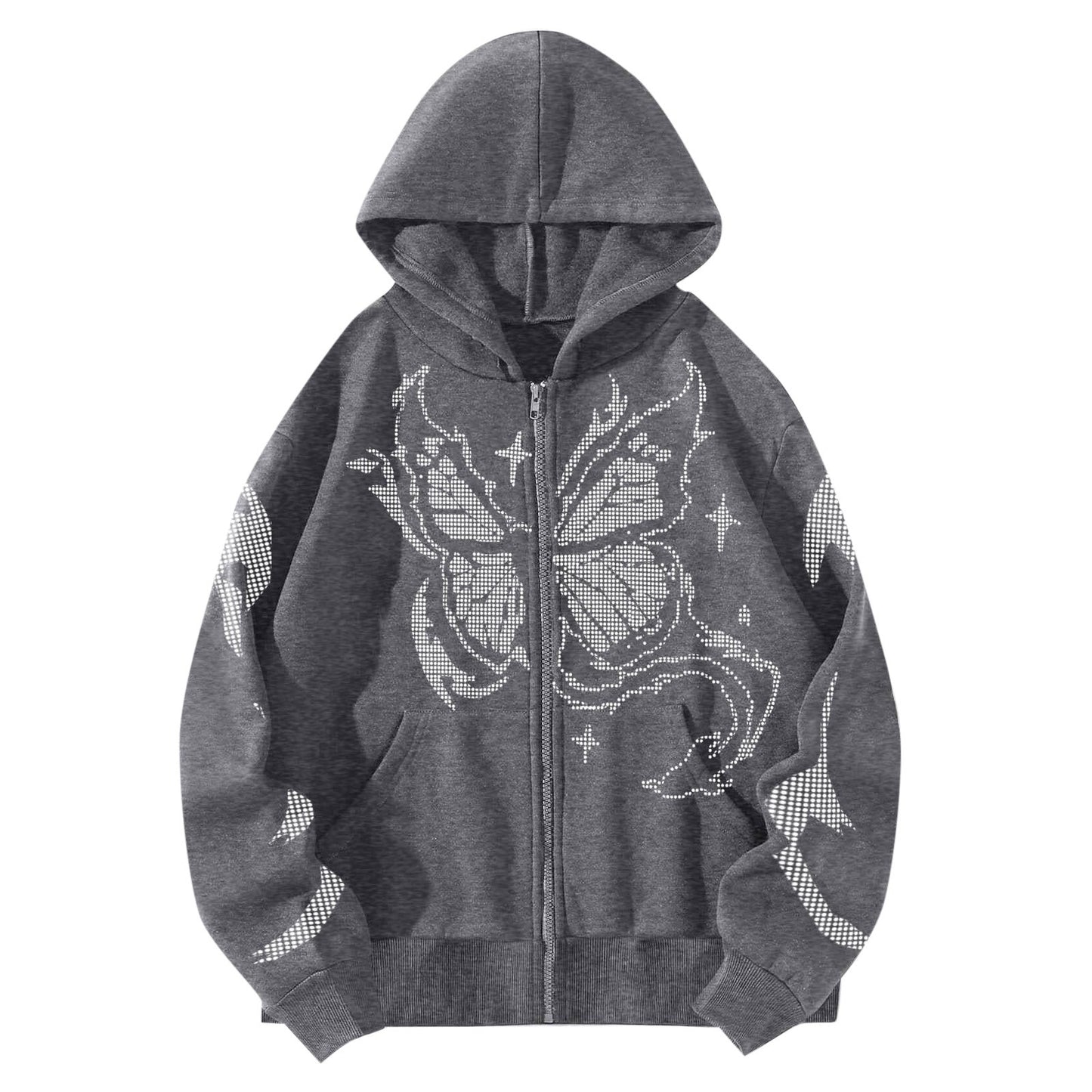 Gothic Black Zip Up Oversize Butterfly Print Loose Lovers Wear Hoodie