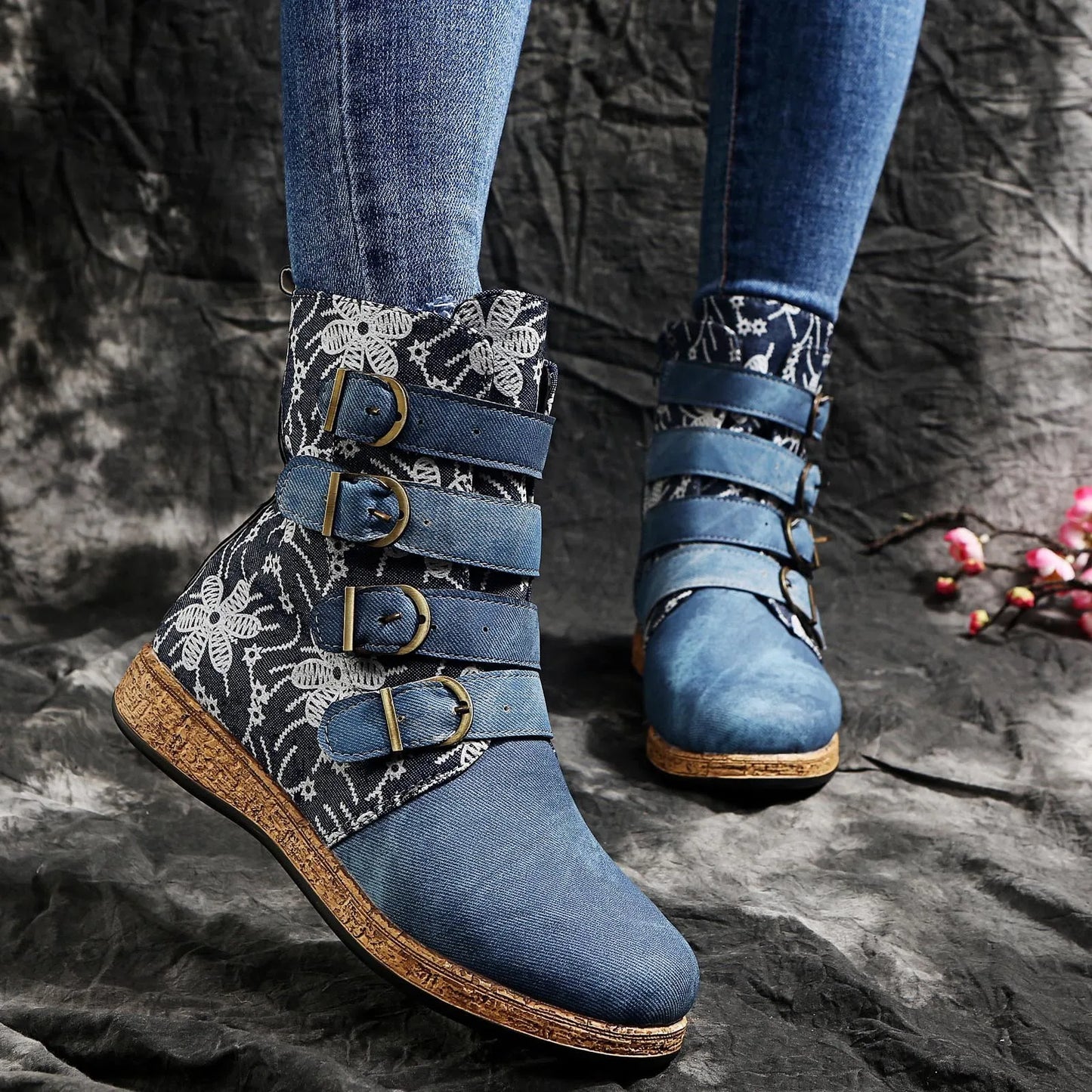 Flat Retro Round Head Zipper Boot with Flowers Warm Embroidery