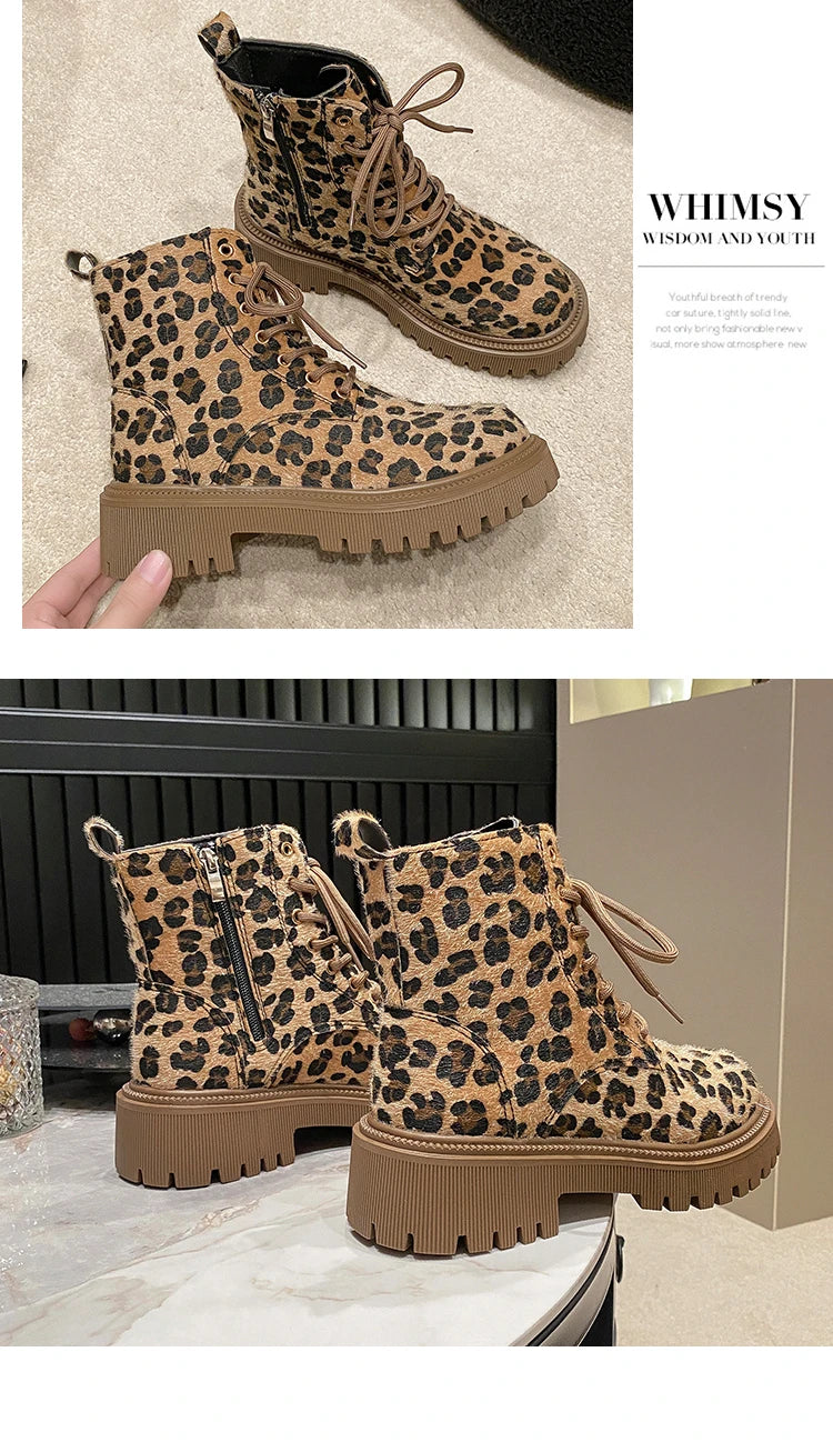 Leopard Print Fashion Lace Up Round Toe Short Barrel Chunky Heels Zipper Plus Size Boots