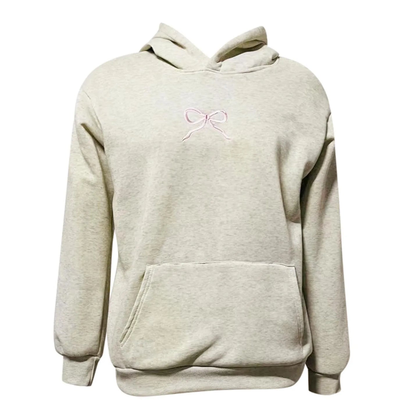 Pink Bow Embroidery Women's Hoodies Tops Autumn Oversize Solid Color Long Sleeve Pullover Sweatshirts With Pocket y2k Clothing