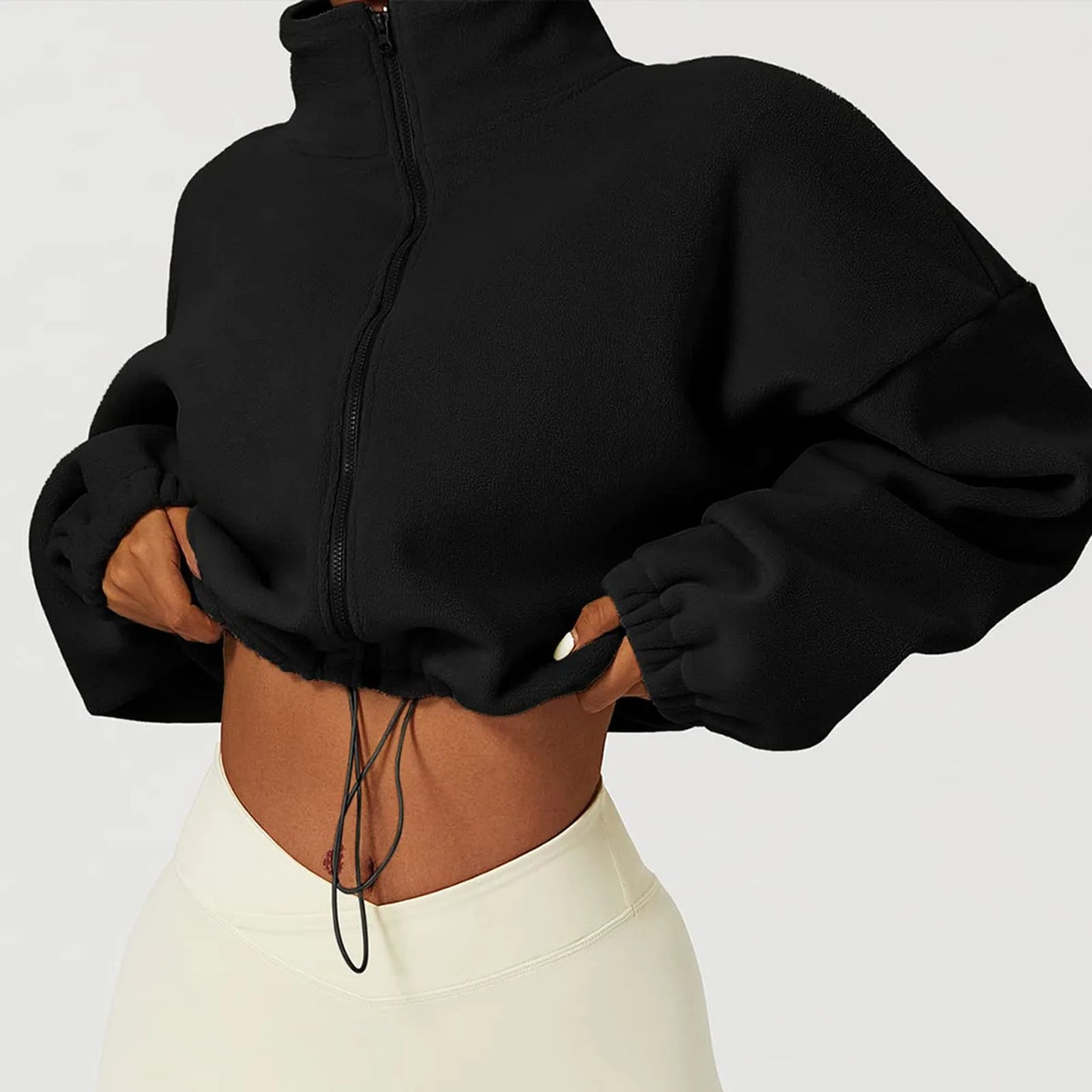 Women's Fleece Full Zip Oversized Crop Sweatshirt Long Sleeve