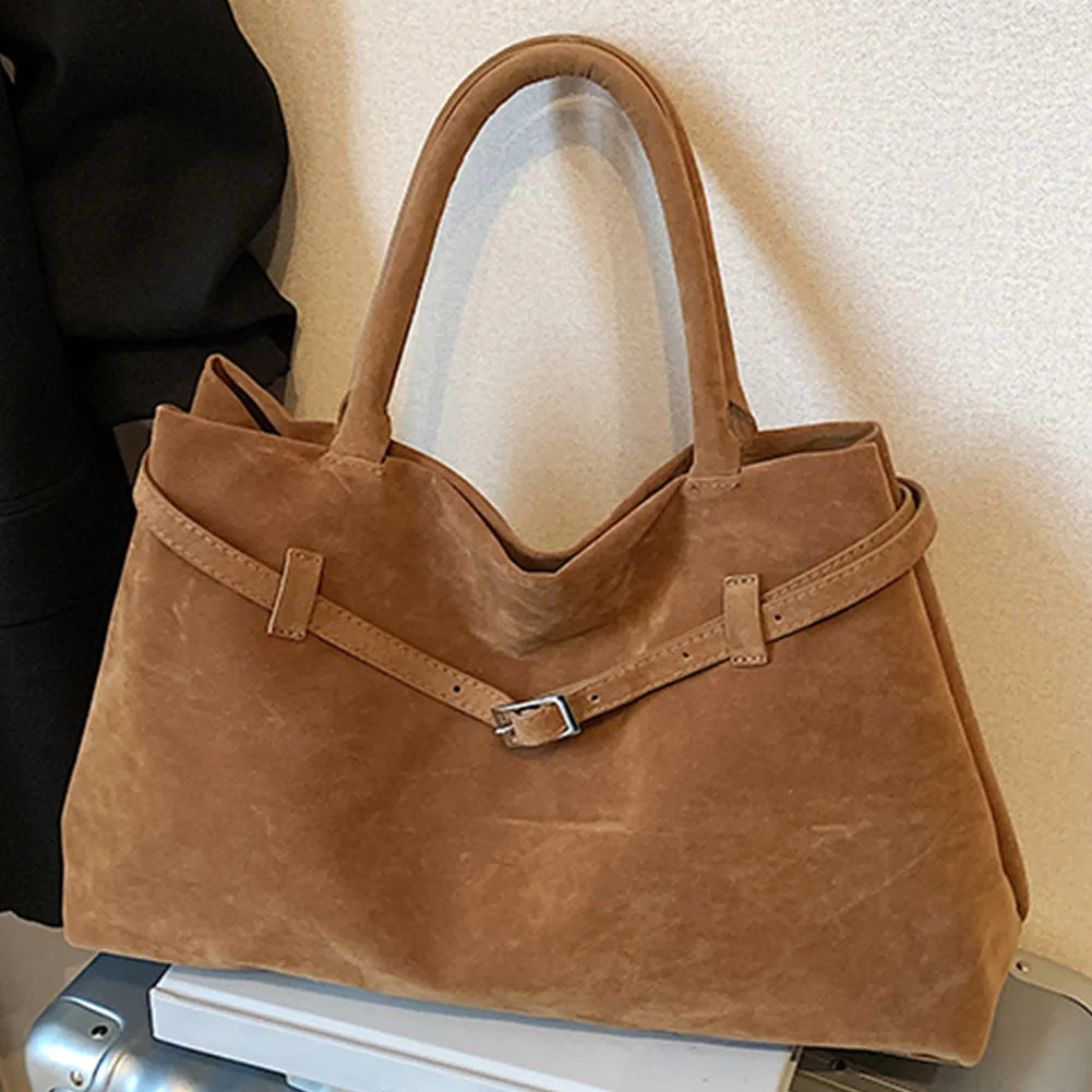 Buckle Decorative Design Faux Suede Handbag Women Shoulder Casual Tote Crossbody Bag Large Capacity Fashion Classic Versatile