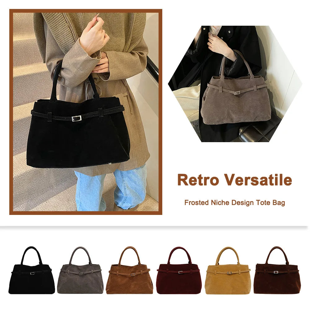 Buckle Decorative Design Faux Suede Handbag Women Shoulder Casual Tote Crossbody Bag Large Capacity Fashion Classic Versatile