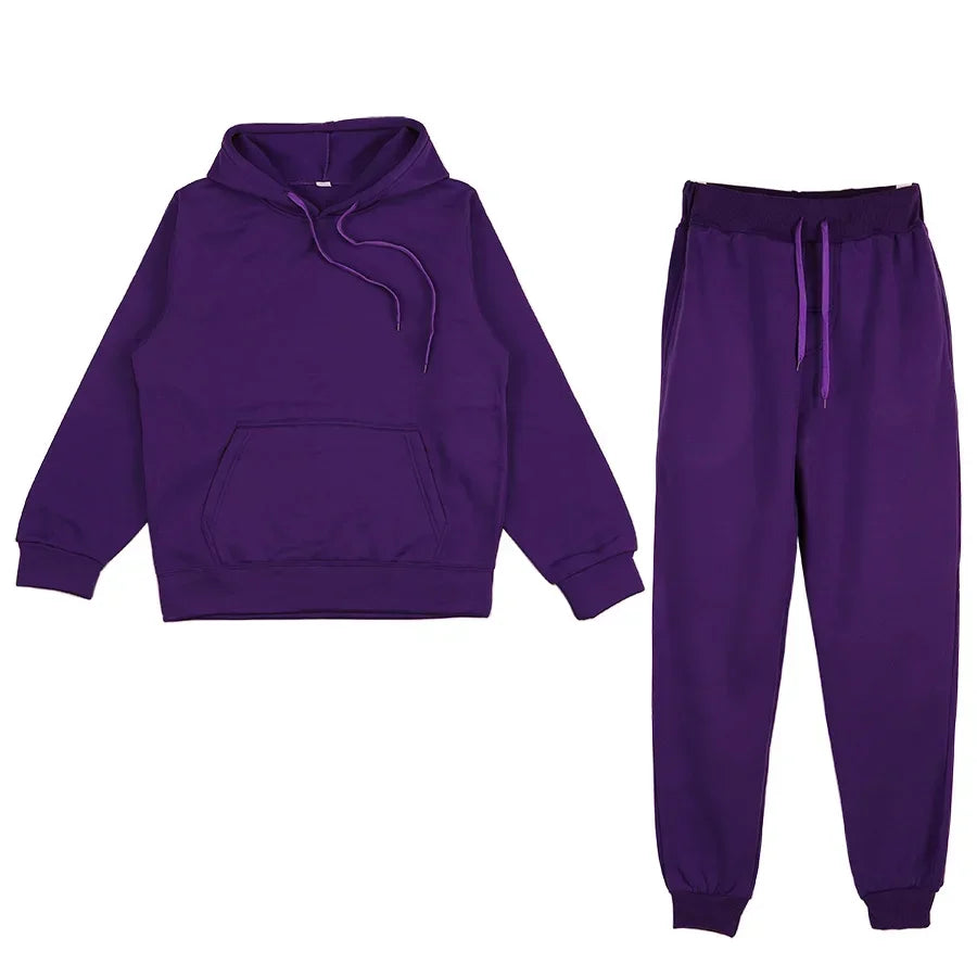 Casual Long Sleeve Hoody with Trousers Tracksuit Solid Color